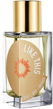 Perfumy Like This Etat Libre d'Orange, szklana butelka, złota nakrętka, jajowata etykieta, widok z przodu.