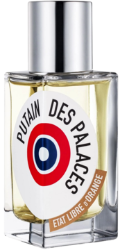 Perfumy Putain Des Palaces, bursztynowy płyn, prostokątna butelka, biała etykieta, widok z przodu.