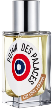 Perfumy Putain Des Palaces, bursztynowy płyn, prostokątna butelka, biała etykieta, widok z przodu.