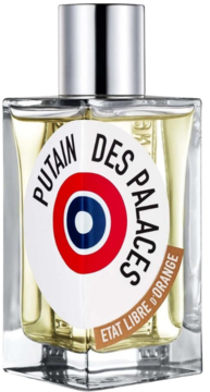 Perfumy Putain Des Palaces, Etat Libre d'Orange, w prostokątnej szklanej butelce z okrągłą białą etykietą i srebrną nakrętką, widok z przodu.