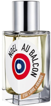 Perfumy Noel Au Balcon Etat Libre d'Orange, przezroczysta butelka ze srebrnym korkiem i okrągłą etykietą, widok z przodu.
