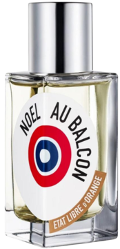 Perfumy Noel Au Balcon Etat Libre d'Orange, przezroczysta butelka ze srebrnym korkiem i okrągłą etykietą, widok z przodu.