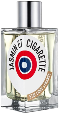 Perfumy Jasmin et Cigarette Etat Libre d'Orange, przezroczysta butelka z białą etykietą, okrągłe logo.