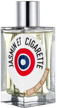 Perfumy Jasmin et Cigarette Etat Libre d'Orange, przezroczysta butelka z białą etykietą, okrągłe logo.
