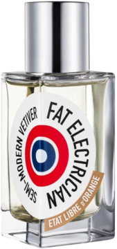 Męska woda perfumowana Fat Electrician Etat Libre D'orange, przezroczysta butelka z etykietą w kształcie celownika, widok z przodu.
