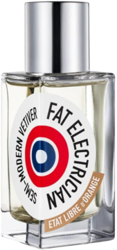 Męska woda perfumowana Fat Electrician Etat Libre D'orange, przezroczysta butelka z etykietą w kształcie celownika, widok z przodu.