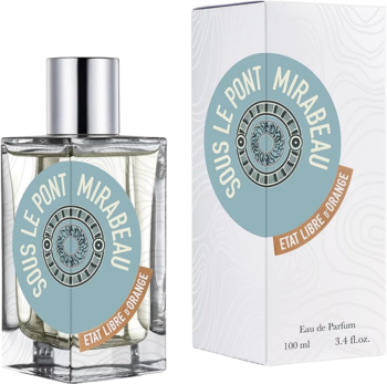 Perfumy Sous Le Pont Mirabeau, szklany flakon z tealową etykietą i pasujące białe pudełko, przód.