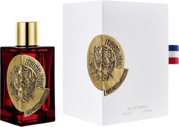 Etat Libre d’Orange Frustration EDP unisex, czerwona butelka ze złotym emblematem i białe pudełko.