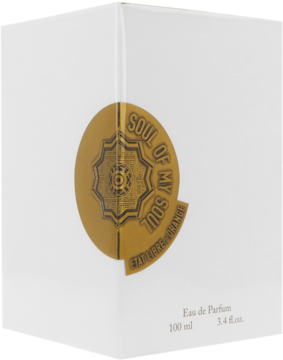 Białe pudełko perfum Soul of my Soul Eau de Parfum, z widoczną złotą naklejką i napisem 100 ml, widok z boku.