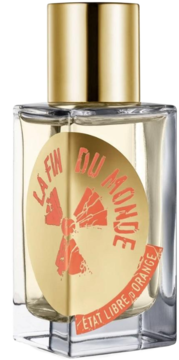 Perfumy Etat Libre d'Orange La Fin du Monde, szklana butelka, złota nakrętka, etykieta z pomarańczowym symbolem atomowym.