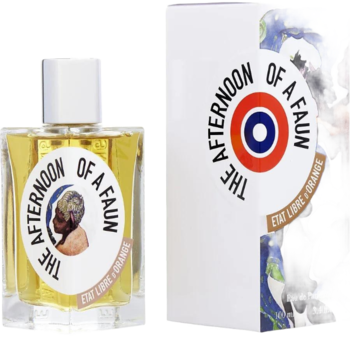 Perfumy The Afternoon Of A Faun: złoty flakon i białe pudełko z okrągłą etykietą i logo Etat Libre D'Orange.