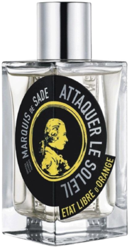Perfumy Attaquer Le Soleil Marquis De Sade, Etat Libre d'Orange, butelka z etykietą labdanum, z przodu.