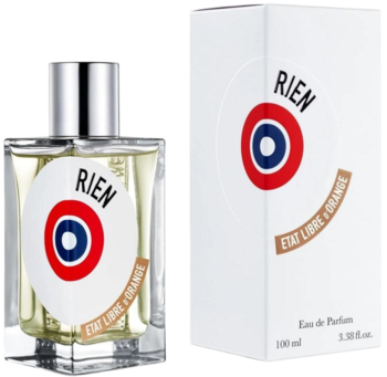 Etat Libre D'Orange Rien, pikantne perfumy 100ml. Butelka i białe pudełko z logo tarczy, widok z przodu.