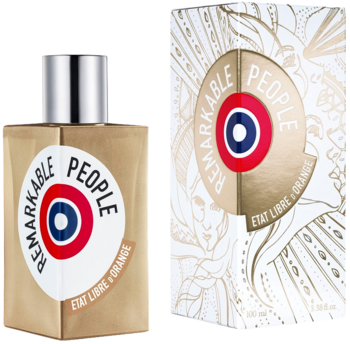 Etat Libre d’Orange Remarkable People woda perfumowana, złota butelka z logo i pudełko obok, ujęcie z przodu.