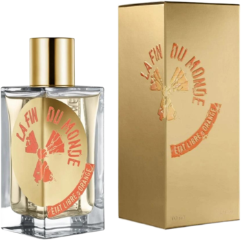 Unisex woda perfumowana La Fin du Monde Etat Libre d'Orange: złota butelka z etykietą i pudełko.