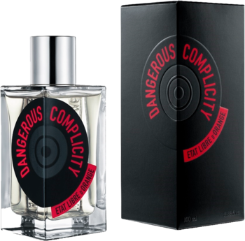 Perfumy Etat Libre d'Orange Dangerous Complicity: butelka i czarne pudełko z czerwoną grafiką, widok z przodu.