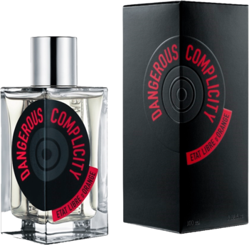 Perfumy Etat Libre d'Orange Dangerous Complicity: butelka i czarne pudełko z czerwoną grafiką, widok z przodu.