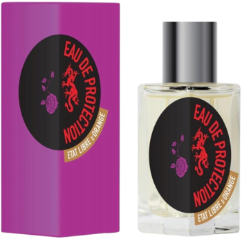 Perfumy Eau de Protection Etat Libre d'Orange, butelka i purpurowe pudełko z okrągłą czarną etykietą.