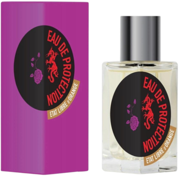 Perfumy Eau de Protection Etat Libre d'Orange, butelka i purpurowe pudełko z okrągłą czarną etykietą.