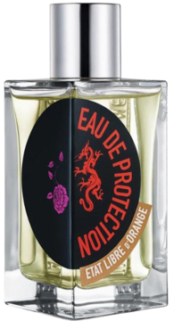 Perfumy Etat Libre d'Orange Eau de Protection w szklanej butelce, czarna etykieta z czerwonym smokiem i różą.