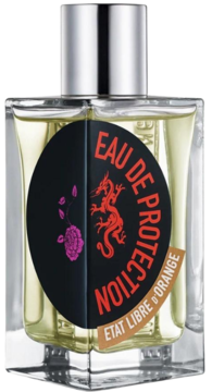 Perfumy Etat Libre d'Orange Eau de Protection w szklanej butelce, czarna etykieta z czerwonym smokiem i różą.
