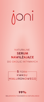 Różowy baner reklamowy Joni Serum Nawilżające do okolic intymnych, podkreślający 5 form kwasu hialuronowego.