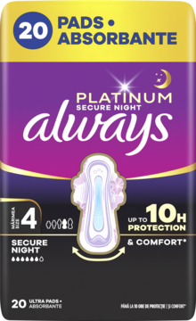 Fioletowo-czarne opakowanie podpasek Always Platinum Secure Night, rozmiar 4, 20 sztuk, z żółtym paskiem i grafiką podpaski.
