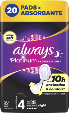 Always Platinum Secure Night podpaski w ciemnofioletowym opakowaniu, rozmiar 4, 20 sztuk, do 10h ochrony, widok z przodu.