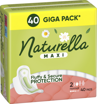 Naturella Maxi GIGA PACK 40 podpasek ze skrzydełkami, zielone opakowanie z rumiankiem, widok z przodu.