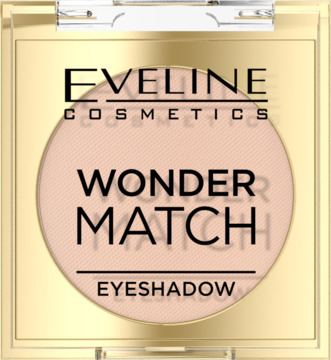Matowy cień do powiek Eveline Wonder Match Base, jasny beż, w złotym kompakcie, widok z góry.
