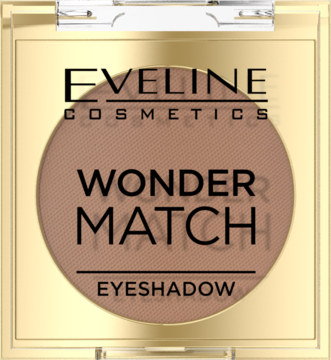 Eveline Cosmetics Wonder Match, matowy cień do powiek Warm Nude w okrągłej patelni, w złotym kompakcie. Widok z góry.