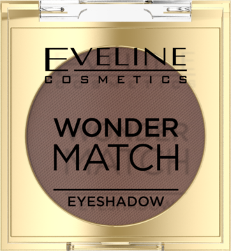Eveline Wonder Match, pojedynczy matowy brązowy cień do powiek w złotym kwadratowym opakowaniu, widok z góry.