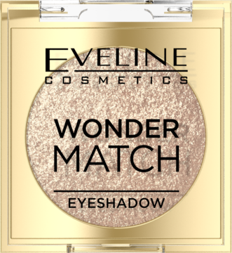 Eveline Wonder Match Golden Glow, brokatowy cień do powiek w złotym, kwadratowym kompakcie, widok z góry.