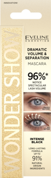 Eveline Wonder Show mascara Intense Black packaging, front view, with dramatic volume claims and eye images.
