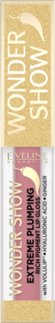 Eveline Wonder Show Extreme Plumping Rich Pigment Lip Gloss z imbirem, w różowym opakowaniu ze złotymi akcentami, widok z przodu.