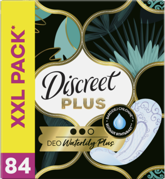 Wkładki higieniczne Discreet Plus Deo Waterlily, XXL 84 szt., cienkie i zapachowe, widok z przodu opakowania.