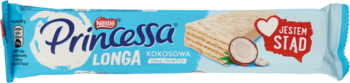 Princessa Longa kokosowa wafelek w niebieskim opakowaniu z wizerunkiem kokosa, widok z przodu.