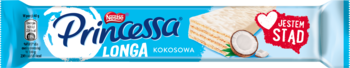 Niebieskie opakowanie Princessa Longa kokosowa, z widocznym wafelkiem i kokosem, widok z przodu.