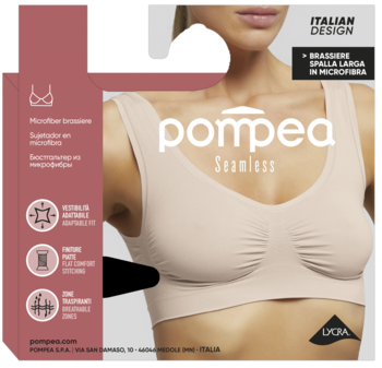 Beżowy, bezszwowy biustonosz Pompea Seamless z szerokimi ramiączkami, widoczny na opakowaniu z modelką.