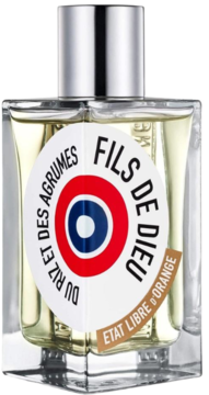 Przezroczysty flakon perfum Etat Libre D'orange Fils de Dieu Du Riz Et Des Agrumes z żółtym płynem, biała etykieta z okrągłym logo, widok z przodu.