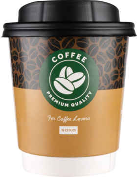 Brązowy kubek jednorazowy SOXO z czarną pokrywką. Zdobiony ziarnami kawy i zielonym logo 'COFFEE Premium Quality'.