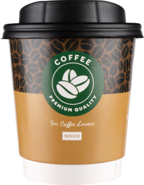 Brązowy kubek jednorazowy SOXO z czarną pokrywką. Zdobiony ziarnami kawy i zielonym logo 'COFFEE Premium Quality'.