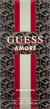 Guess Amore Portofino EDT: eleganckie opakowanie z czarnym geometrycznym wzorem i czerwono-beżowymi pasami, przód.