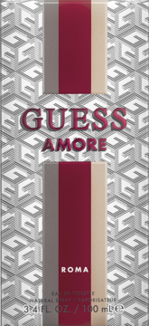Opakowanie perfum Guess Amore Roma, bordowo-beżowe, z wzorem "G" i napisami, 100ml, widok z przodu.