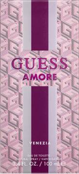 Różowe pudełko Guess Amore Venezia Eau de Toilette 100 ml z fioletowym pasem i wzorem liter G.