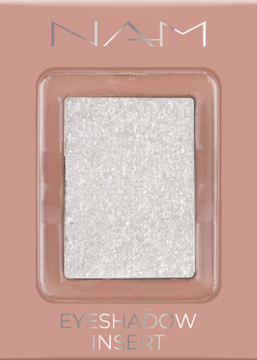 NAM Crystal Shine srebrny metaliczny cień w szampańskiej ramce, widok z góry, napis EYESHADOW INSERT.