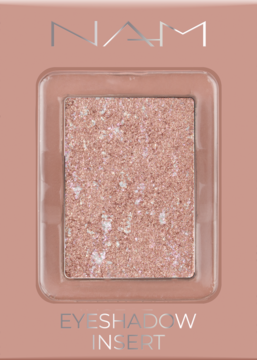 NAM Exchangable Eyeshadow Golden Gloss #11, shimmery metallic rose-gold refill in light peach packaging, top view.