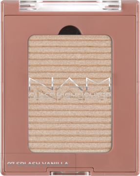 Rozświetlacz NAM 07 Splash Vanilla w brzoskwiniowym kompakcie. Beżowy, prążkowany, opalizujący wkład.
