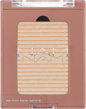 NAM Glass Highlighter 08 Golden Beige w różowobeżowej kasetce. Pudrowy rozświetlacz z poziomymi ryskami na powierzchni.