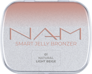 NAM Smart Jelly Bronzer 01 Natural Light Beige w jasnoróżowej kompaktowej puderniczce z gradientem, widok z przodu.